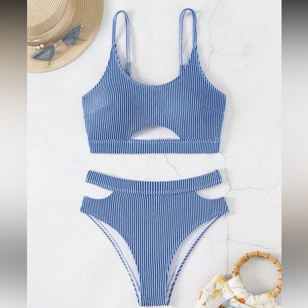 NWT SHEIN Ribbed Blue & White Cutout High-Waist Bikini Set - Size Medium - Picture 3 of 8